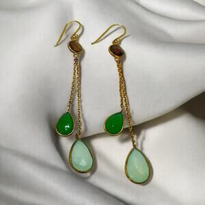 Dangle Earrings Green & Brown Stones Linear Teardrop Gold Tone Chain Hook 3.5 "